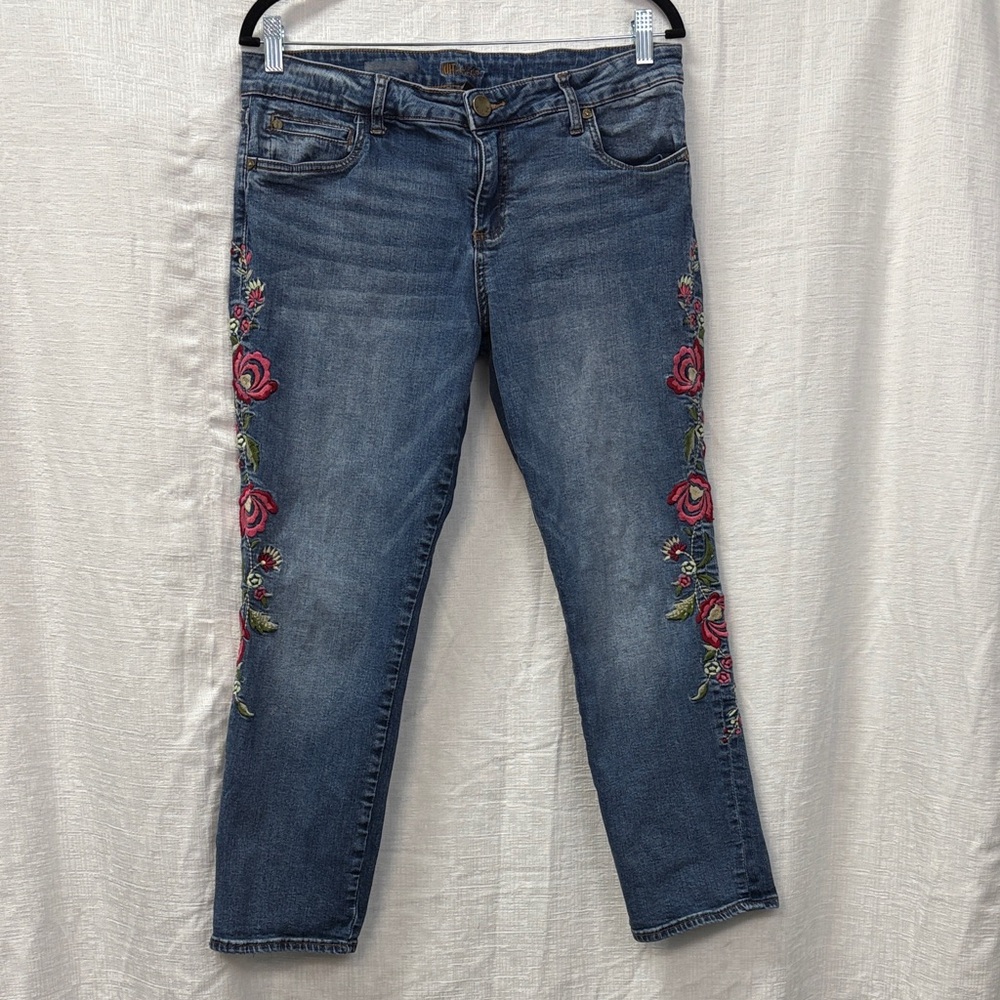 Kut from the Kloth Blue Cropped Jeans with Pink Rose Embroidery